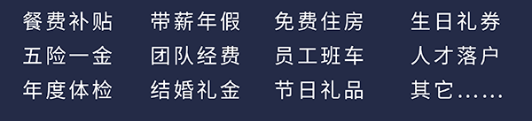 南宫28员工福利：餐费津贴、五险一金、年度体检、带薪年假、团队经费、完婚礼金、免费住房、员工班车、节日礼物、生日礼券、人才落户、其它……